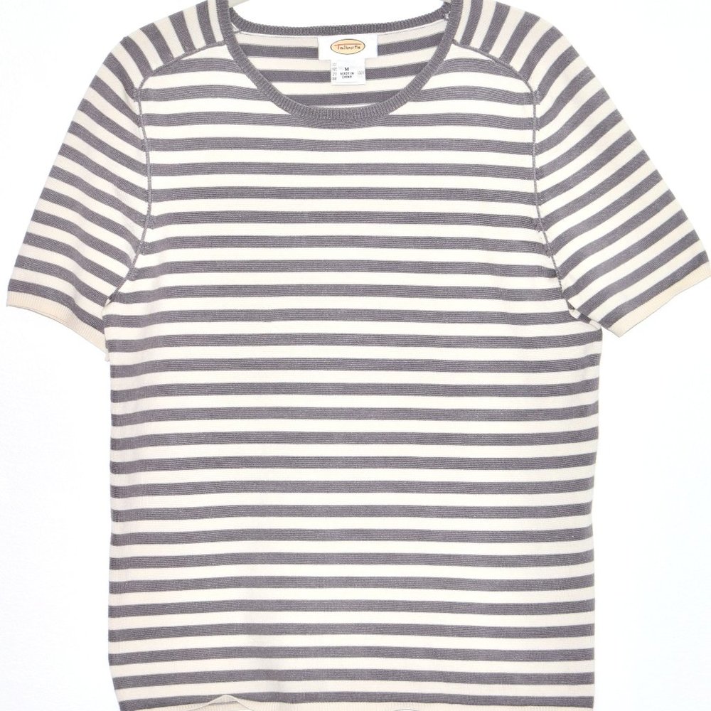 Talbots Short Sleeve Silk Blend Crew Neck Sweater with Stripes - Medium